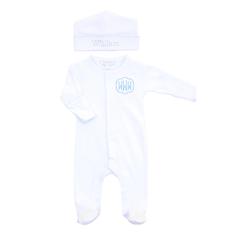 Magnolia Baby Footie & Hat Set - Blue Trim