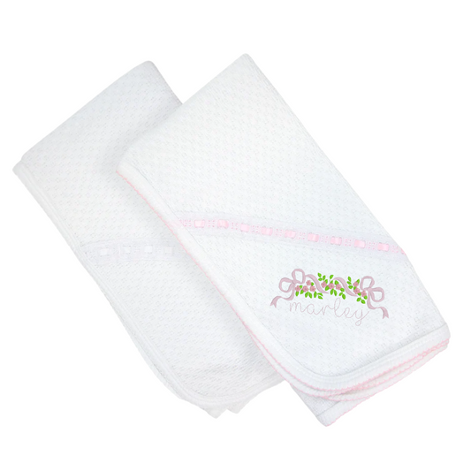 Paty Receiving Swaddle with Pink Eyelet Trim (Shipping Mid April)