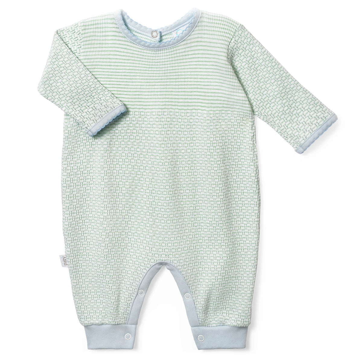 Paty Longsleeve Mint with Blue Trim Romper - Shipping Mid-December