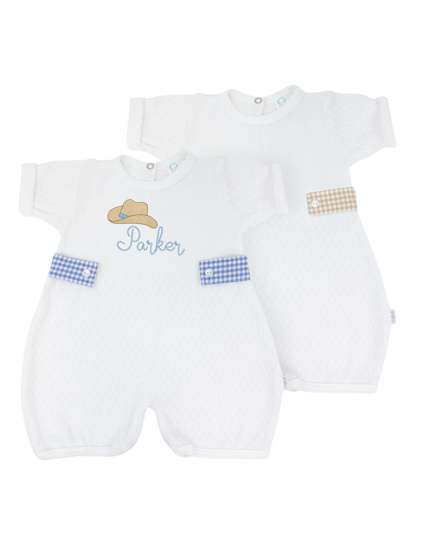 White Paty Romper with Gingham Side Tabs - Shipping Mid-April