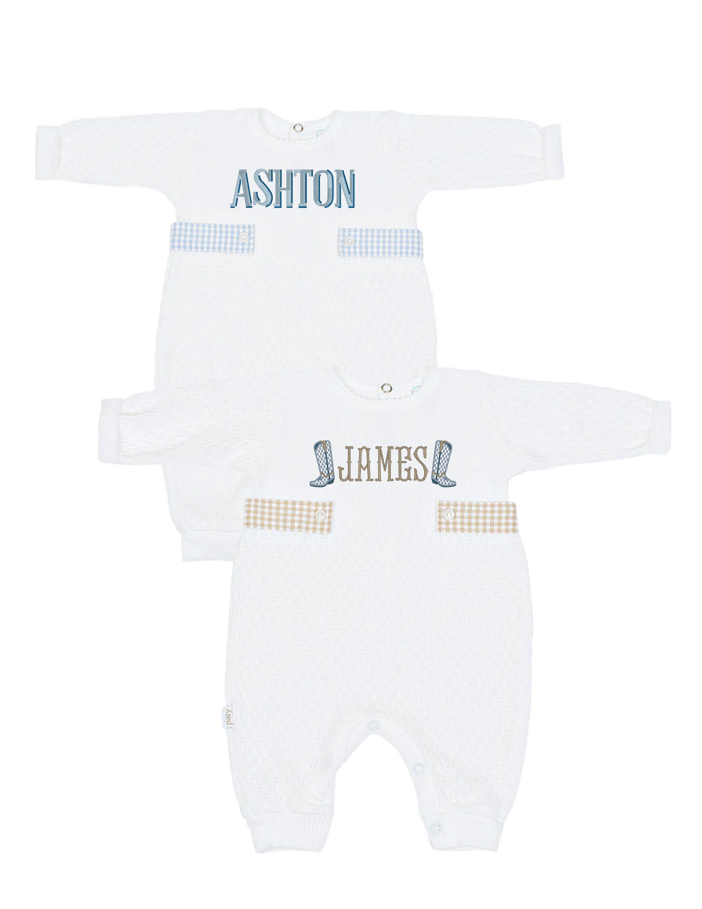 White Paty Longsleeve Romper with Gingham Side Tabs - Shipping Mid-April