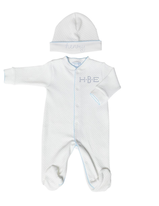 Classic NellaPima Blue Picot Trim Onesie + Hat